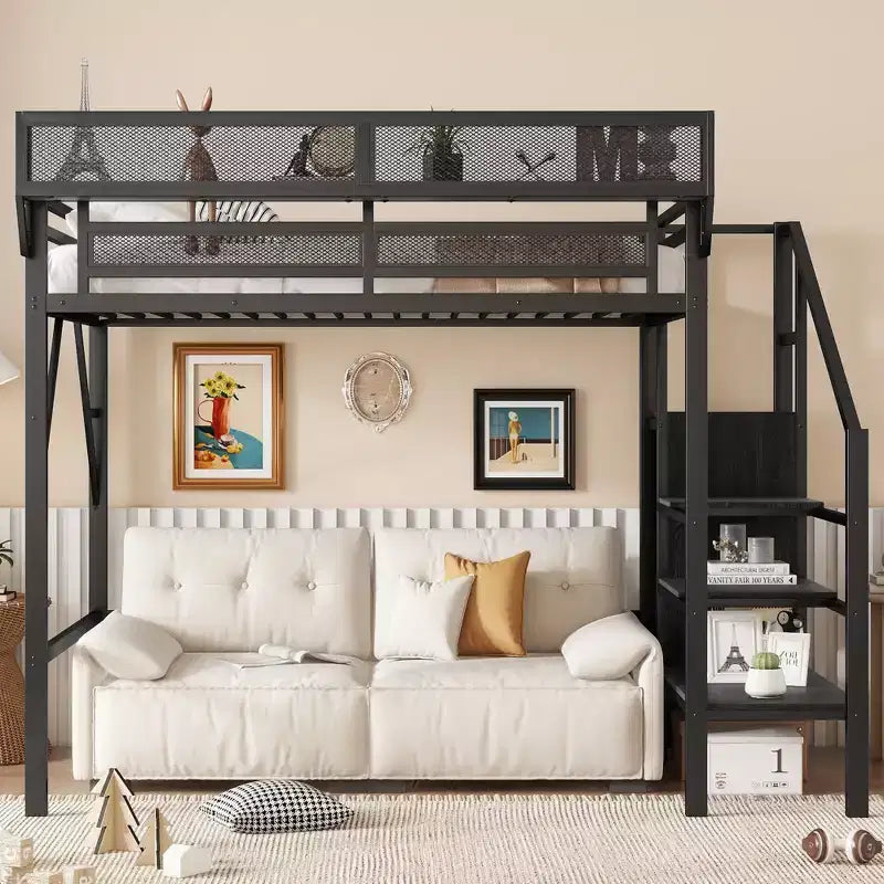 Okak 94-Zoll-Hochbett in Twin-Größe mit Kleiderschrank, Twin-Bett mit Ablagefächern und Korb, Bettgestell für Schlafzimmer und Wohnheim