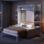 Lit escamotable mural queen size avec canapé, lit armoire pliant queen size avec bibliothèque et étagères pour chambre d’amis ou bureau