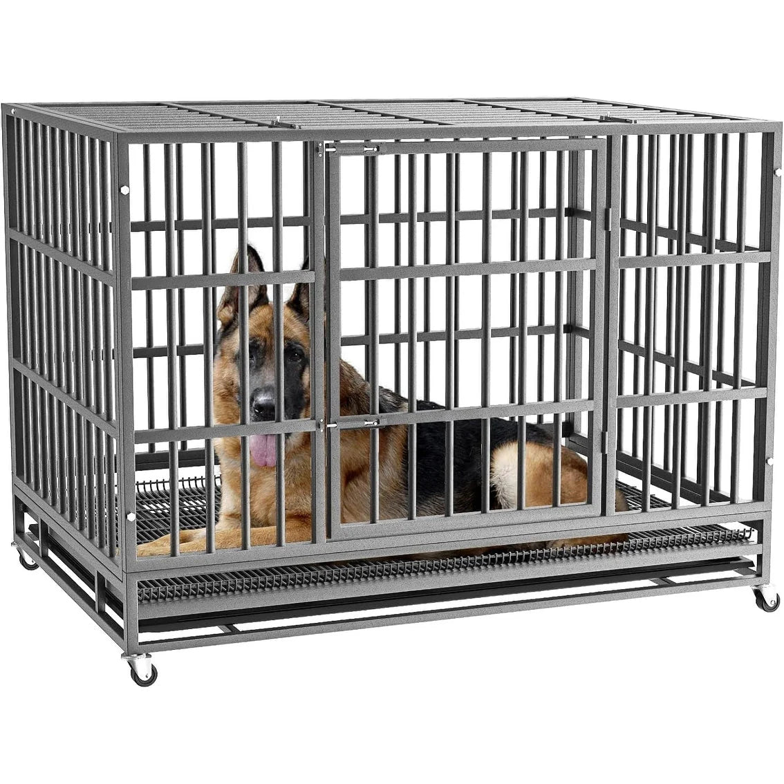 BOSSIN 48/38 inch Heavy Duty Indestructible Dog Crate, Escape Proof Dog Cage Kennel with Lockable Wheels