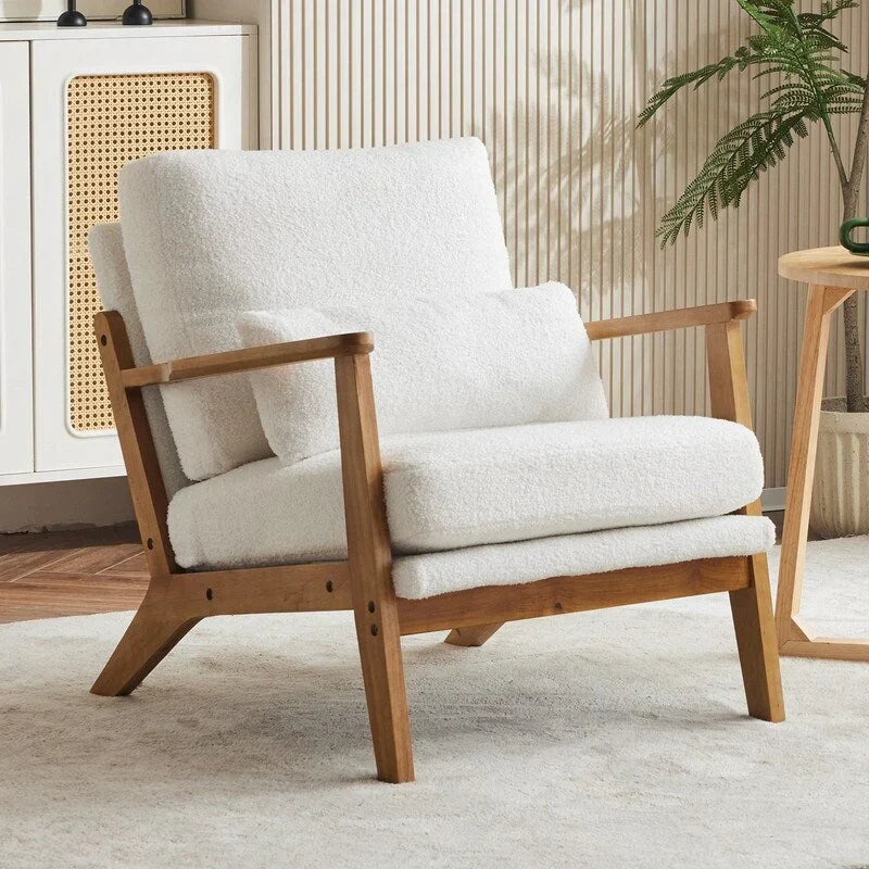 Polster-Sessel aus Leinenmischgewebe mit Holzbeinen und einem Kissen, Beige