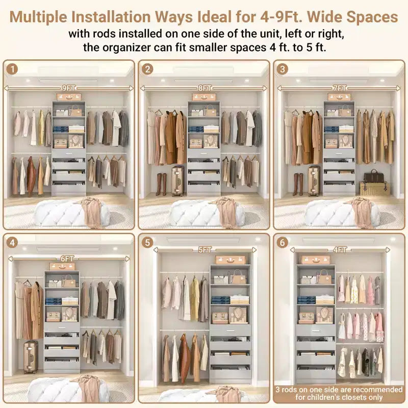 Besiost Holz-Kleiderschrank-Organizersystem für 1,2–2,7 m mit 4 Schubladen, 4 Kleiderstangen und Regaltürmen
