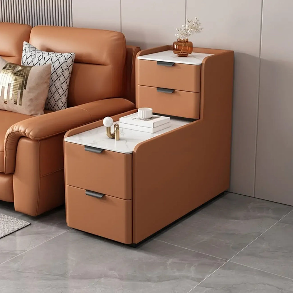 Hochseitentisch für Sofa in L-Form aus Holz mit 4 Schubladen und Steinplatte