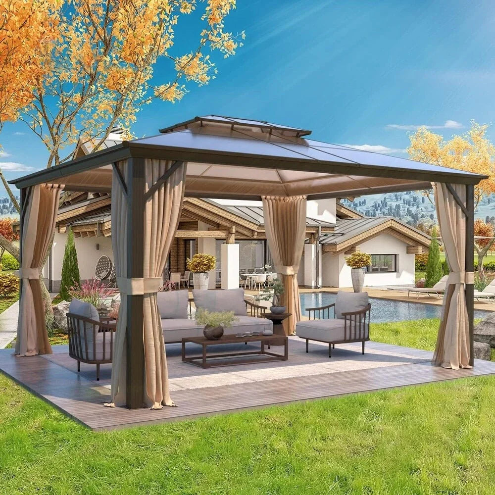 EROMMY Hardtop Gazebo,Outdoor Pergola with Double Roof & Netting & Curtains,Heavy Duty Canopy for Patio, Backyard, Pool party