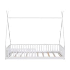 Bodenbett für Kinder, Zeltbett in Einzelgröße, Montessori-Bodenbett mit Lattenrost und Schutzgittern, Holzhaus-Bettrahmen für Jungen und Mädchen