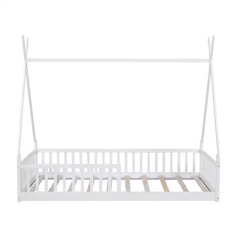 Bodenbett für Kinder, Zeltbett in Einzelgröße, Montessori-Bodenbett mit Lattenrost und Schutzgittern, Holzhaus-Bettrahmen für Jungen und Mädchen
