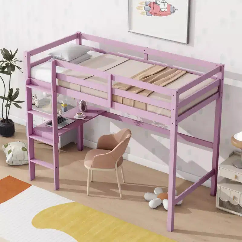 Okak Hochbett im minimalistischen Loft-Stil mit Leiter, Hochbett aus Gummibaumholz für eine Person mit Sicherheitsgeländer und integriertem Schreibtisch, Bettgestell für Kinder und Jugendliche