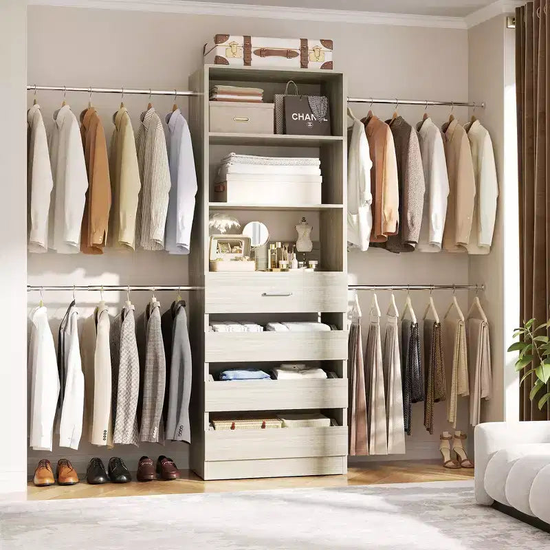 Besiost Holz-Kleiderschrank-Organizersystem für 1,2–2,7 m mit 4 Schubladen, 4 Kleiderstangen und Regaltürmen