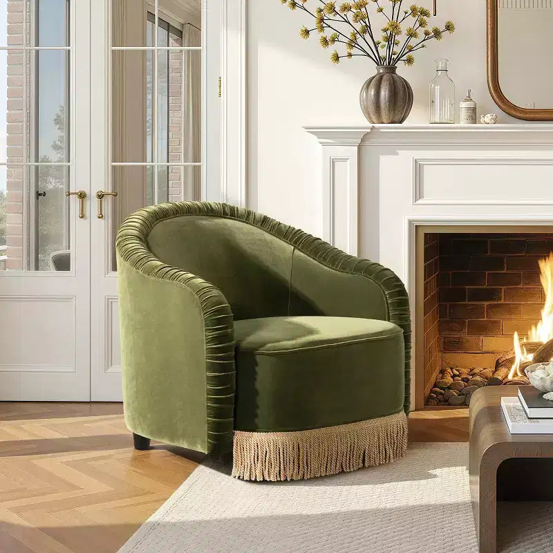Jennifer Taylor Home Serena 31.5 Ruched Barrel Back Accent Arm Chair with Bullion Fringe, Olive Green Performance Velvet