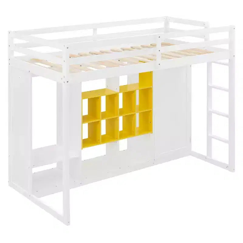 Kinder-Hochbett mit Kleiderschrank und Regalen, Hochbettgestell aus Holz mit Stauraumschrank für Kinder und Jugendliche