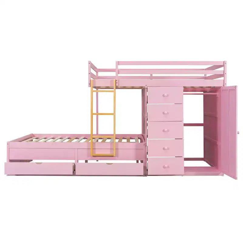 Modern stapelbed voor twee tweepersoonsmatrassen met ingebouwde kledingkast en 7 opbergladen