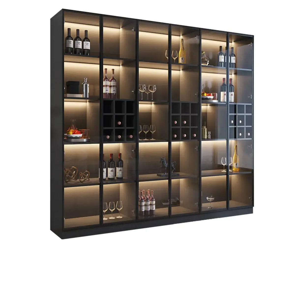 Minimalistische zwarte houten wijnkast met glazen deur