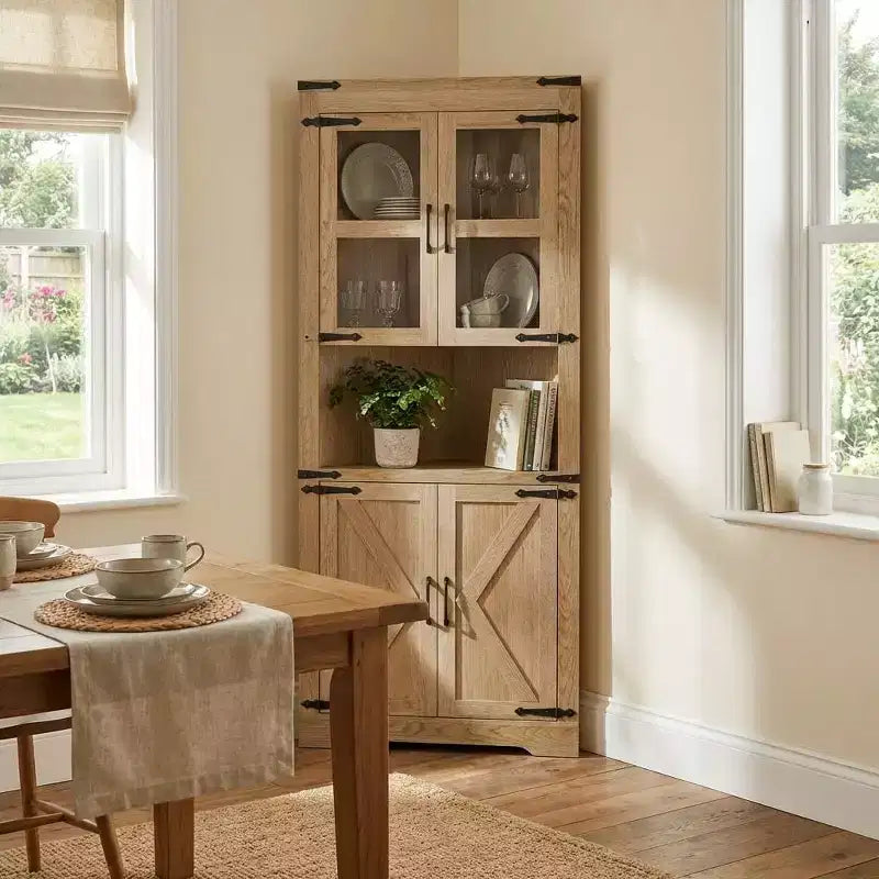 69 Zoll hoher Eckschrank im Landhausstil, platzsparender Eckschrank mit Glastür und verstellbaren Regalböden für Wohnzimmer und Küche