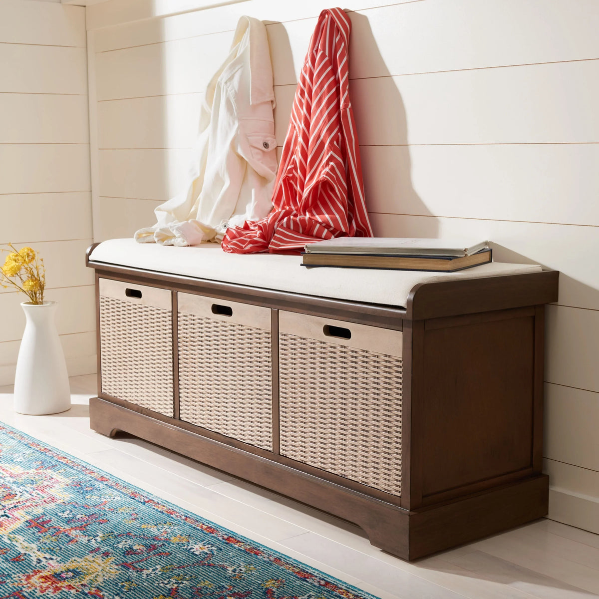 SAFAVIEH Fiorello 3-Drawer with Cushion Storage Bench - 47.3 W x 15 L x 19 H - 47Wx15Dx19H