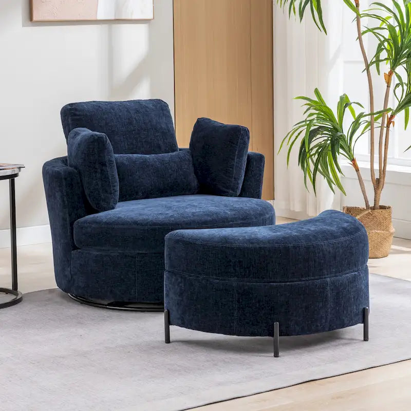 42,3W gestoffeerde draaifauteuil met 4 kussens en halvemaanvormige opberghocker