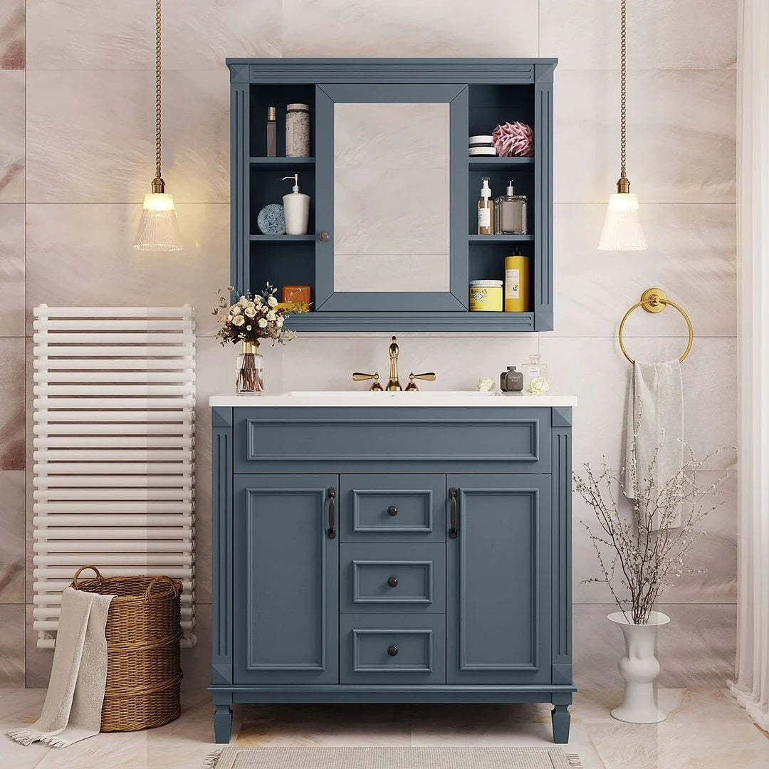 Moderne badkamermeubelset van 36 inch met wastafelblad, spiegelkast, 2 deuren en 2 laden