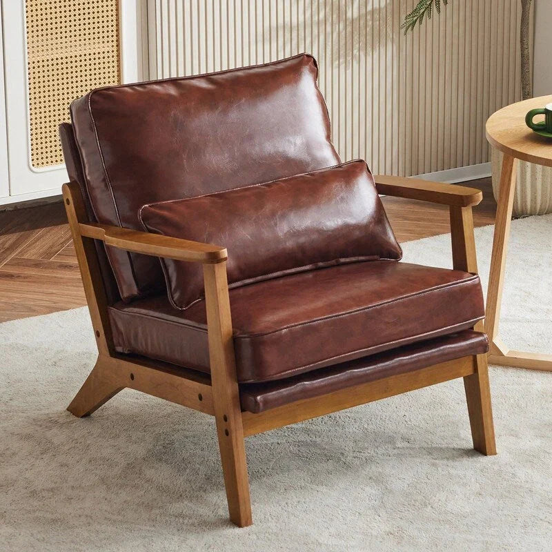 Polster-Sessel aus Leinenmischgewebe mit Holzbeinen und einem Kissen, Beige