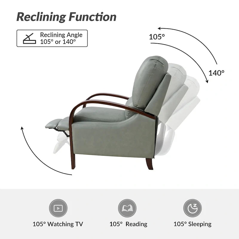 Alex moderner Relaxsessel im Mid-Century-Stil aus echtem Zigarrenleder mit manueller Verstellung und geschwungenen Holzarmlehnen
