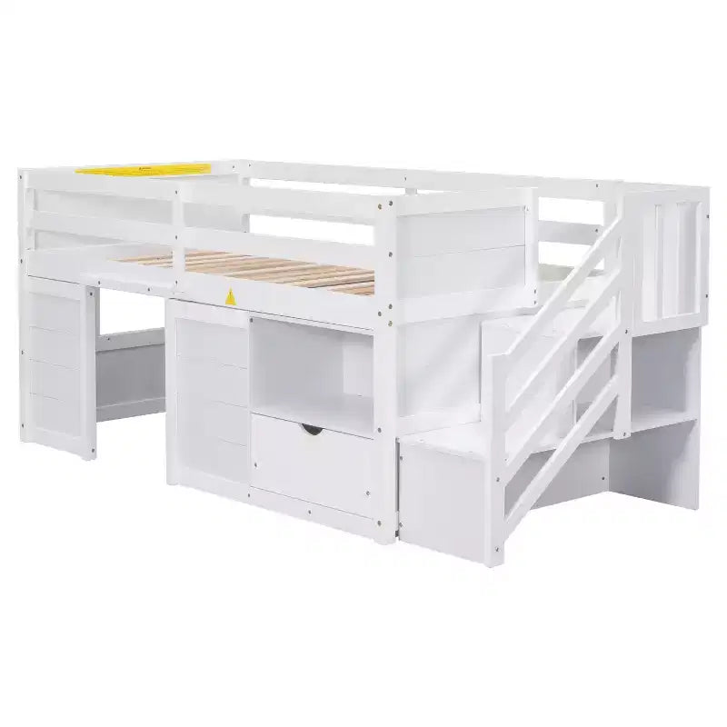 Lit mezzanine bas une place en bois massif, 94,6 L x 42,3 l, avec escalier, tiroir et étagère, design moderne et épuré
