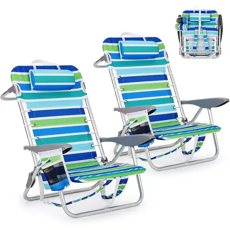 Acekool 2er-Set leichter Rucksack-Strandstühle, 5-fach verstellbare, flach zusammenklappbare Stühle für Erwachsene mit Trägern, Getränkehalter und Handtuchstange, belastbar bis 300 lbs