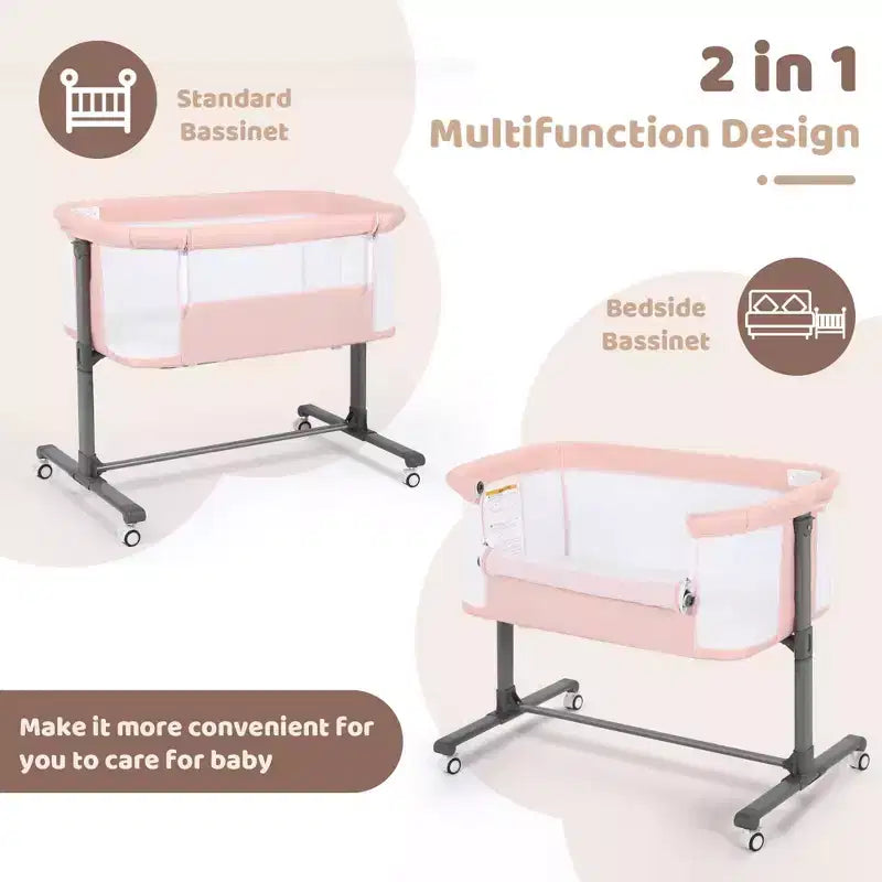 Babywiegje met wielen ??Beige / Grijs / Roze, aanschuifwiegje, voor 1 baby