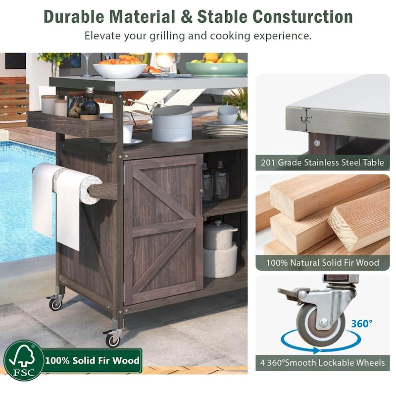 Outdoor-Kücheninsel, rollbarer Barwagen und Aufbewahrungsschrank, Grilltisch aus Massivholz mit Edelstahlplatte, Gewürzregal und Handtuchhalter