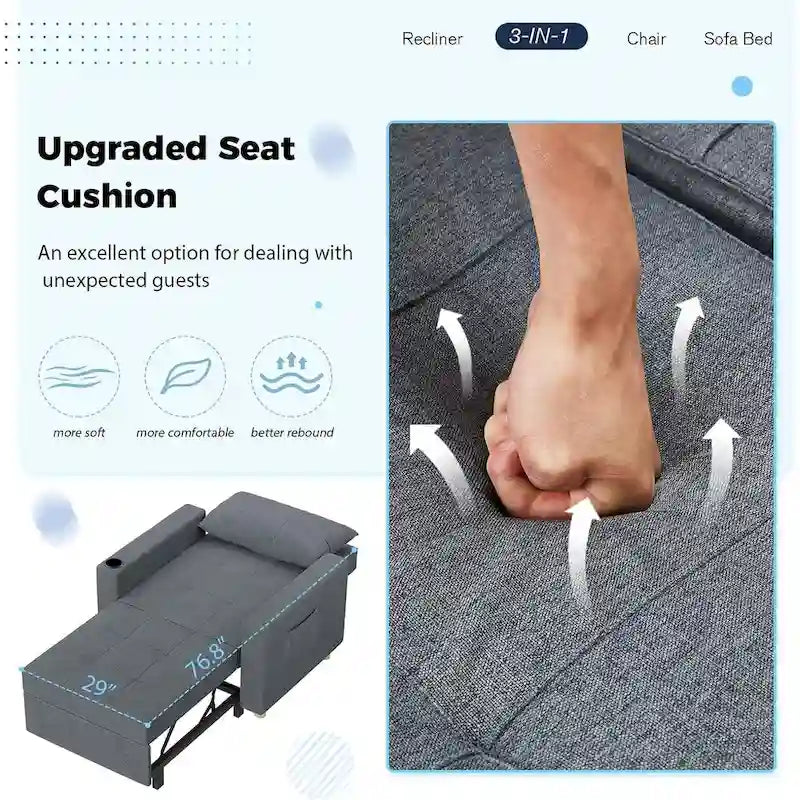 Verstelbare slaapstoel/-bed, 3-in-1-ombouwbaar, meerdere kleuren, geschikt voor 1 persoon