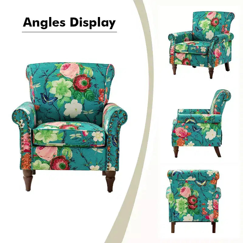 Fauteuil traditionnel Araceli en bois, rembourré à motif floral, avec dossier à oreilles et bordure cloutée| ART OF LIVING DESIGNS
