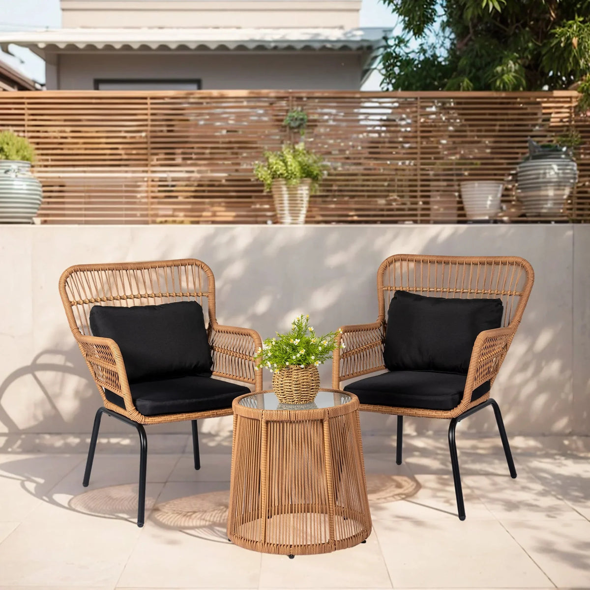 3-delige bistroset van wicker voor buiten, weerbestendige rotan tuinmeubelset met stoelen en kussens