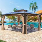 EROMMY Pavillon mit festem Dach, Outdoor-Pergola mit Doppeldach, Netzvorhängen und Vorhängen, robustes Vordach für Terrasse, Garten und Poolpartys