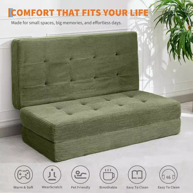 SunnyFurn 6 inch drievoudig vouwmatras en slaapbank, 75 x 54,3 inch, opvouwbaar logeerbed van schuim met gecapitonneerd corduroy, draagbaar voor kamperen, woonkamer en slaapkamer
