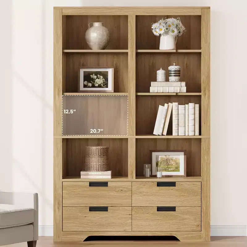 Bibliothèque haute de 72 pouces avec 4 tiroirs, bibliothèque de rangement autoportante de style maison de campagne pour chambre, salon et bureau à domicile