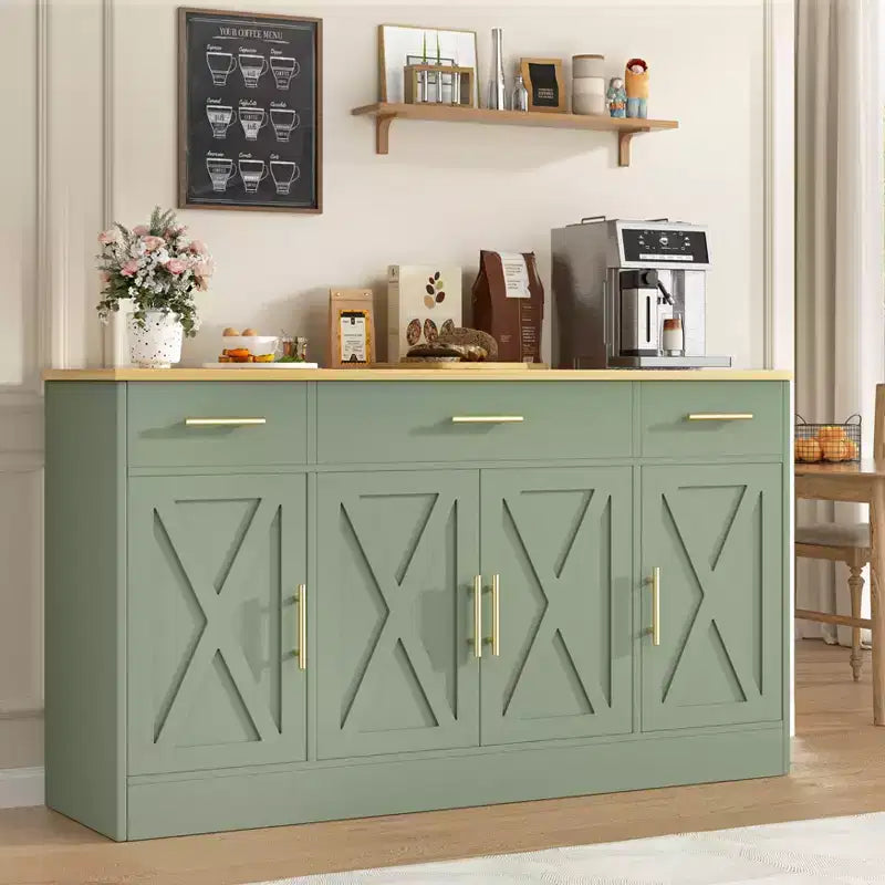 Buffet de rangement Celebalcony, grand meuble de cuisine de 53,4 pouces avec 3 tiroirs et 4 portes, étagère réglable pour la cuisine et le salon