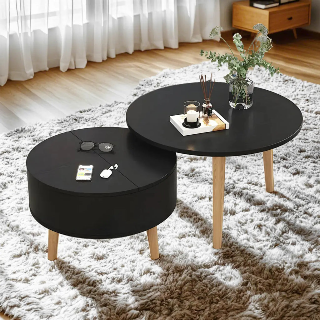 Moderner runder Couchtisch aus schwarzem und weißem Holz mit Stauraum