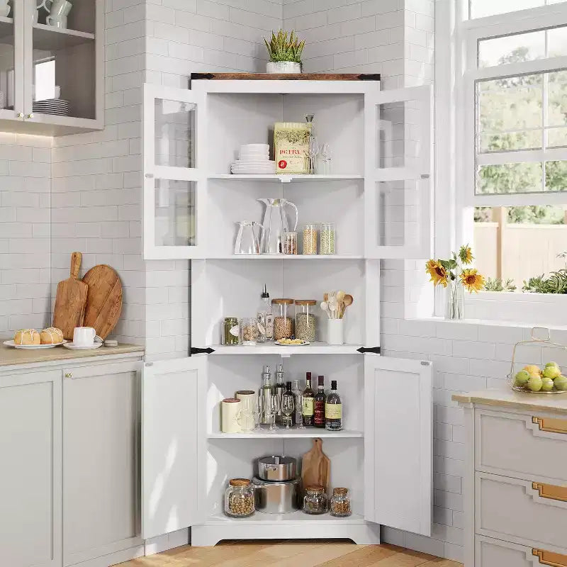 69 Zoll hoher Eckschrank im Landhausstil, platzsparender Eckschrank mit Glastür und verstellbaren Regalböden für Wohnzimmer und Küche