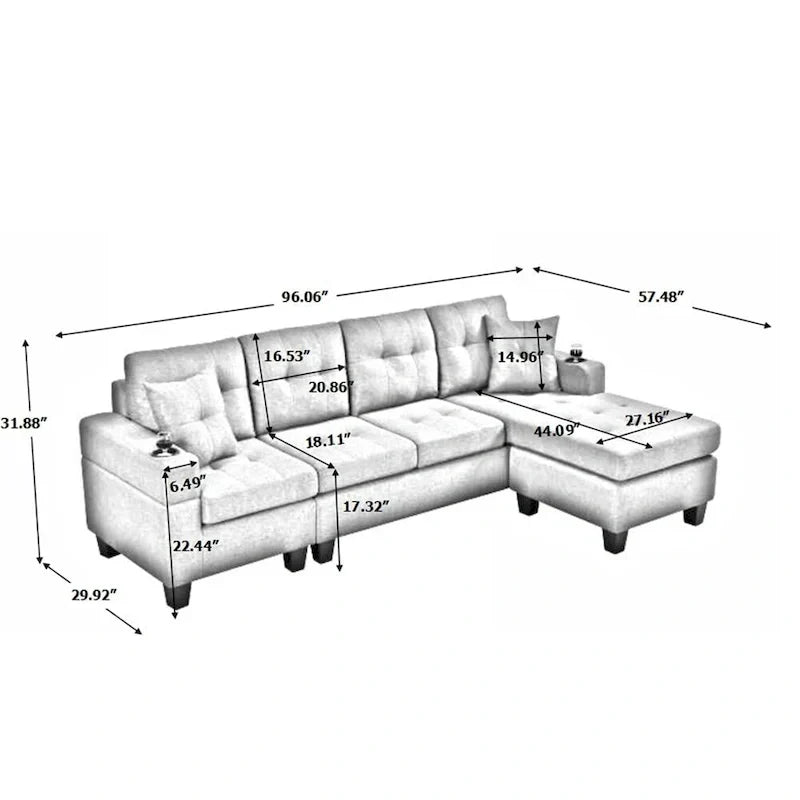 Ecksofa für das Wohnzimmer mit L-förmiger Chaiselongue und Getränkehalter