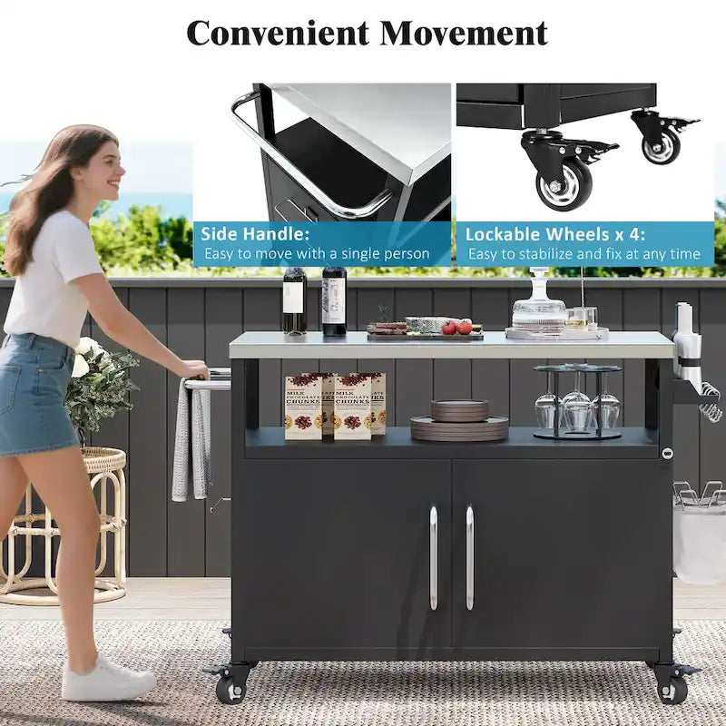 Outdoor-Kücheninsel mit Edelstahl-Tischplatte, Metall-Grillwagen-Tisch mit Stauraumfach – N/A