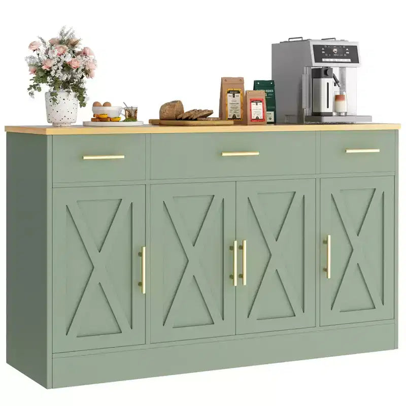 Buffet de rangement Celebalcony, grand meuble de cuisine de 53,4 pouces avec 3 tiroirs et 4 portes, étagère réglable pour la cuisine et le salon