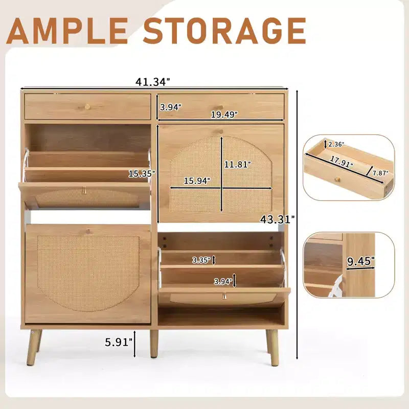 Meuble à chaussures Karl Home avec panneau en rotin, 2 tiroirs et 4 tiroirs basculants, en panneaux de particules, largeur 41,34 W