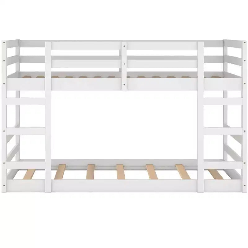 Lit superposé bas, lit superposé en bois au ras du sol avec échelle, lit superposé avec barrières de sécurité complètes