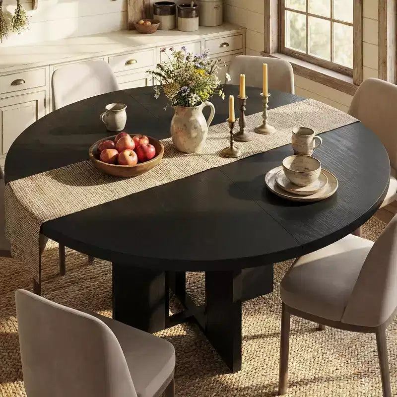 Table à manger ronde extensible de 47 à 63 po pour 4 à 8 personnes, table de cuisine extensible en bois de style champêtre avec structure en métal, table ovale gain de place pour appartement, gris rétro