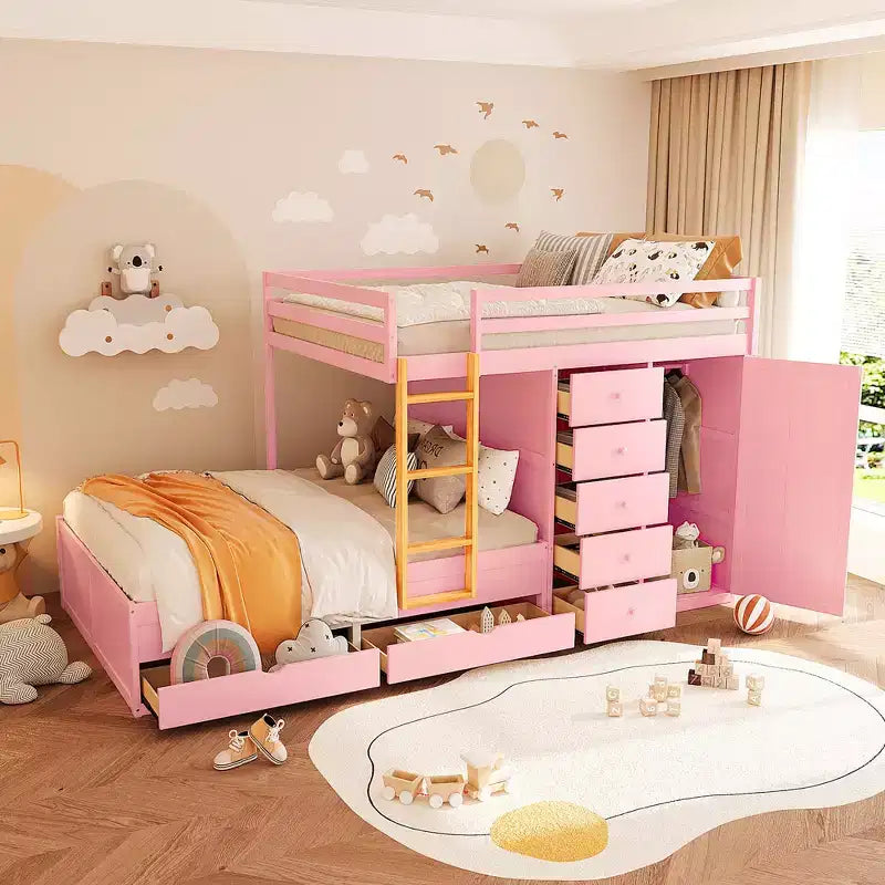 Lit superposé deux places sur deux places avec armoire de rangement et tiroirs, lit superposé en bois deux places gain de place avec barrière de sécurité pour appartement et chambre