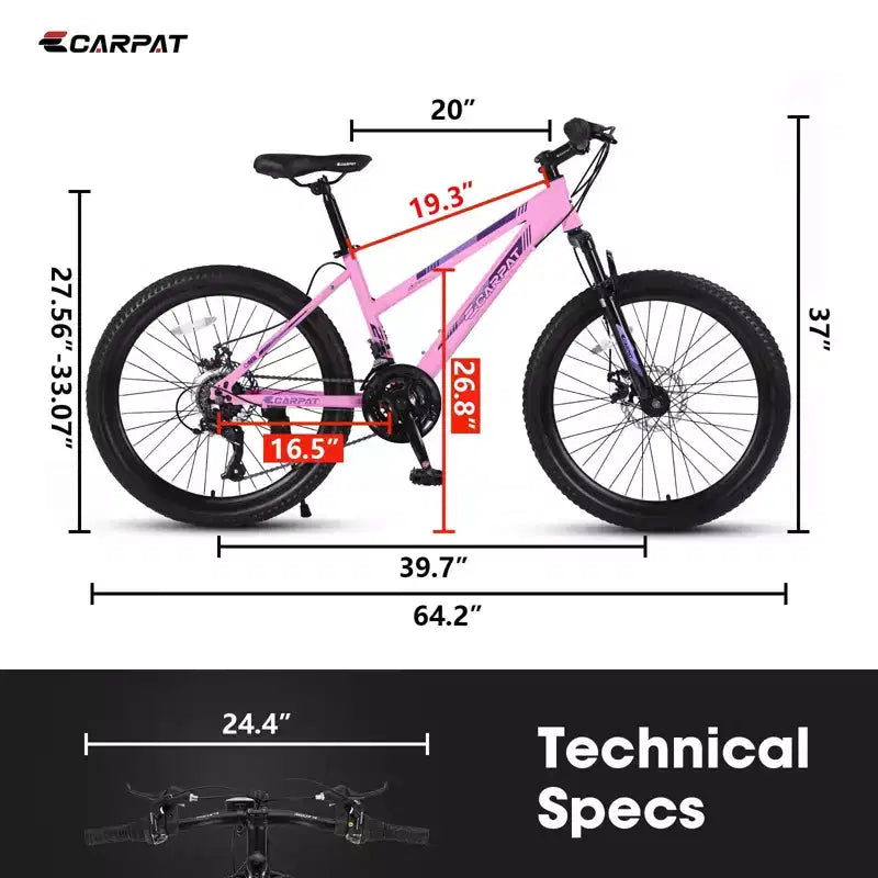 Okak 24/26-Zoll-Mountainbike mit 21 Gängen und Scheibenbremsen an Vorder- und Hinterrad, Kinderfahrrad mit 100-mm-Federgabel, Dirtbike für Jugendliche und Frauen