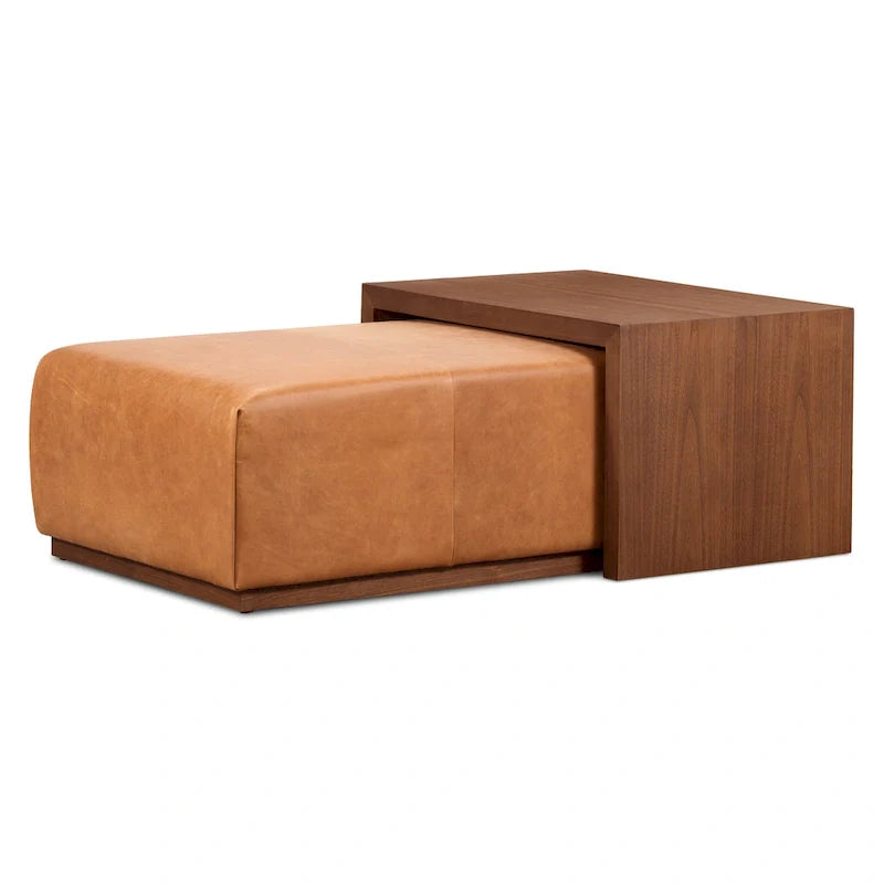 Pouf Poly & Bark Jarmo avec table en noyer réglable – véritable cuir italien pleine fleur