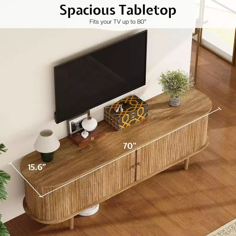 AMERLIFE tv-meubel voor 70-inch tv met poten van massief hout, moderne tv-console in mid-century-stijl met tambourdeur