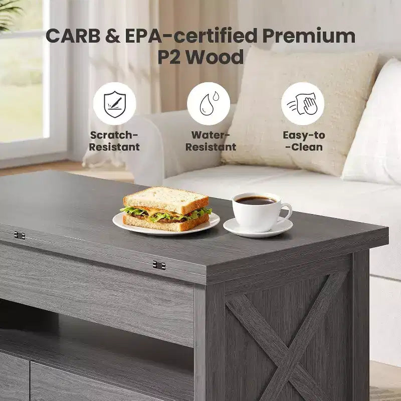 Salontafel met opklapbaar blad en opbergruimte, salontafel in landelijke stijl met twee laden voor de woonkamer en het thuiskantoor