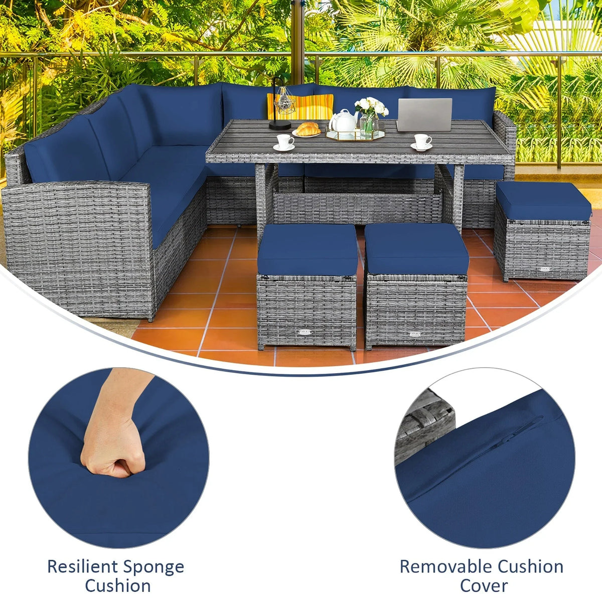 Costway Ensemble repas de jardin en rotin de 7 pièces, canapé d’angle, canapé et pouf — Voir les détails