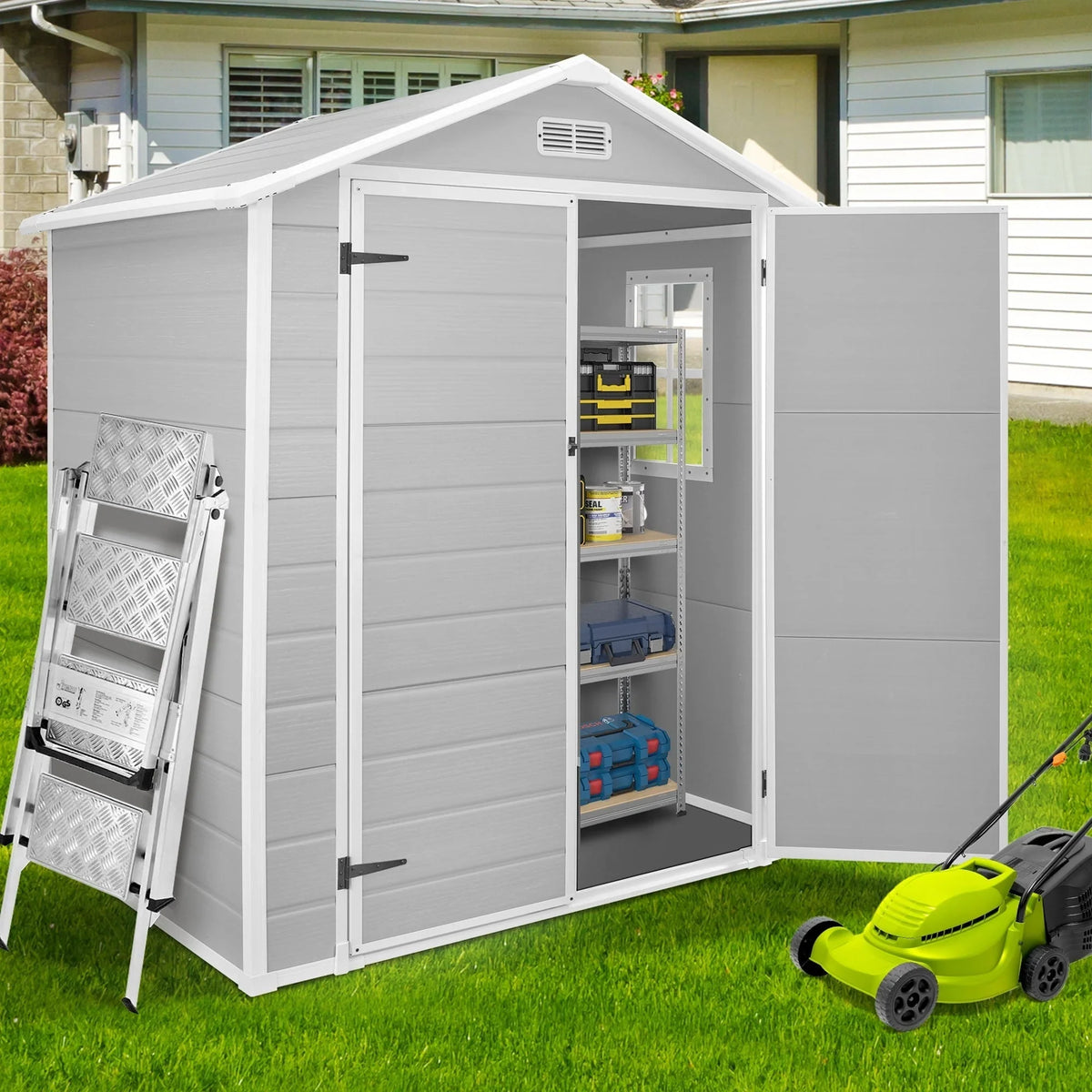 Opslagschuur van 6 ft x 4 ft/6 ft x 8 ft/8 ft x 6 ft/8 ft x 10 ft, weerbestendig kunststofhars voor buiten met vloer, gereedschapsschuur met puntdak