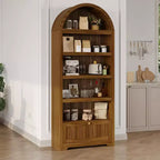 72 Arched Bookshelf with Storage Drawer, Modern 6-Tier Wood Display Cabinet with Open Shelves and Bottom Drawer, Curved Cabinet Door