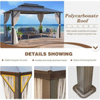 EROMMY Pavillon mit festem Dach, Outdoor-Pergola mit Doppeldach, Netzvorhängen und Vorhängen, robustes Vordach für Terrasse, Garten und Poolpartys