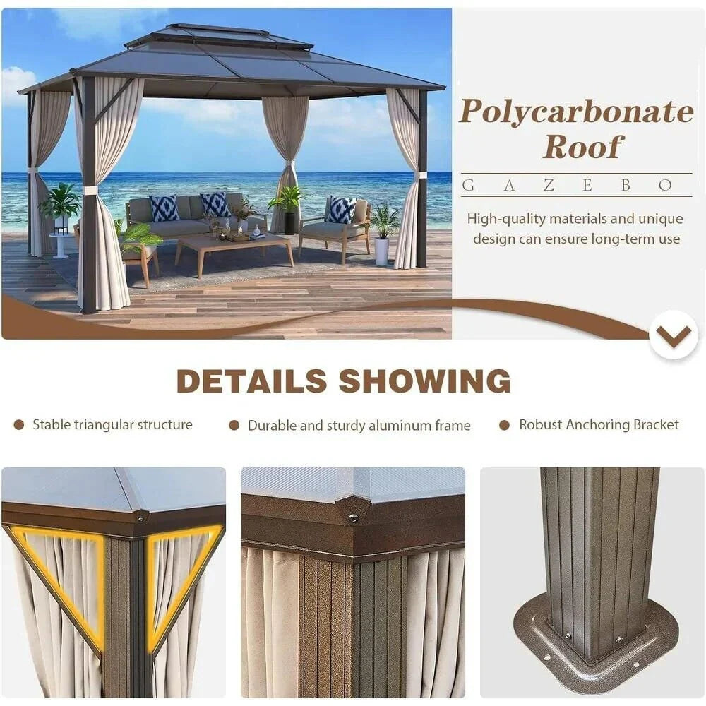 EROMMY Pavillon mit festem Dach, Outdoor-Pergola mit Doppeldach, Netzvorhängen und Vorhängen, robustes Vordach für Terrasse, Garten und Poolpartys